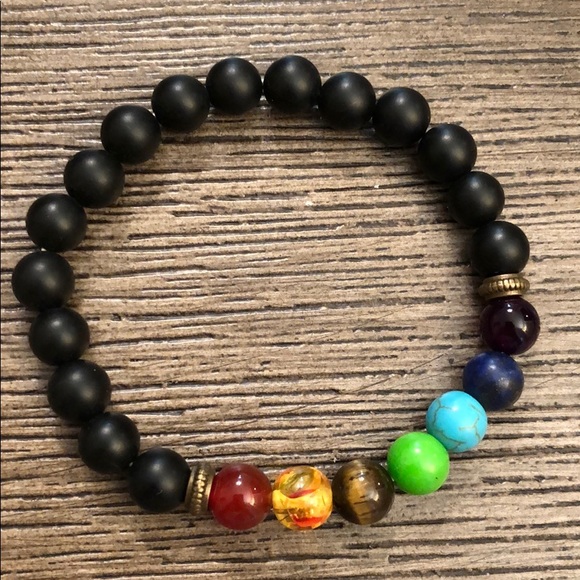 Chakra & Black Bead Rainbow Stretch Bracelet - Picture 3 of 8